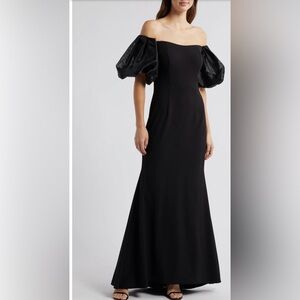 Eliza J Black Off-Shoulder puff sleeve trumpet Gown